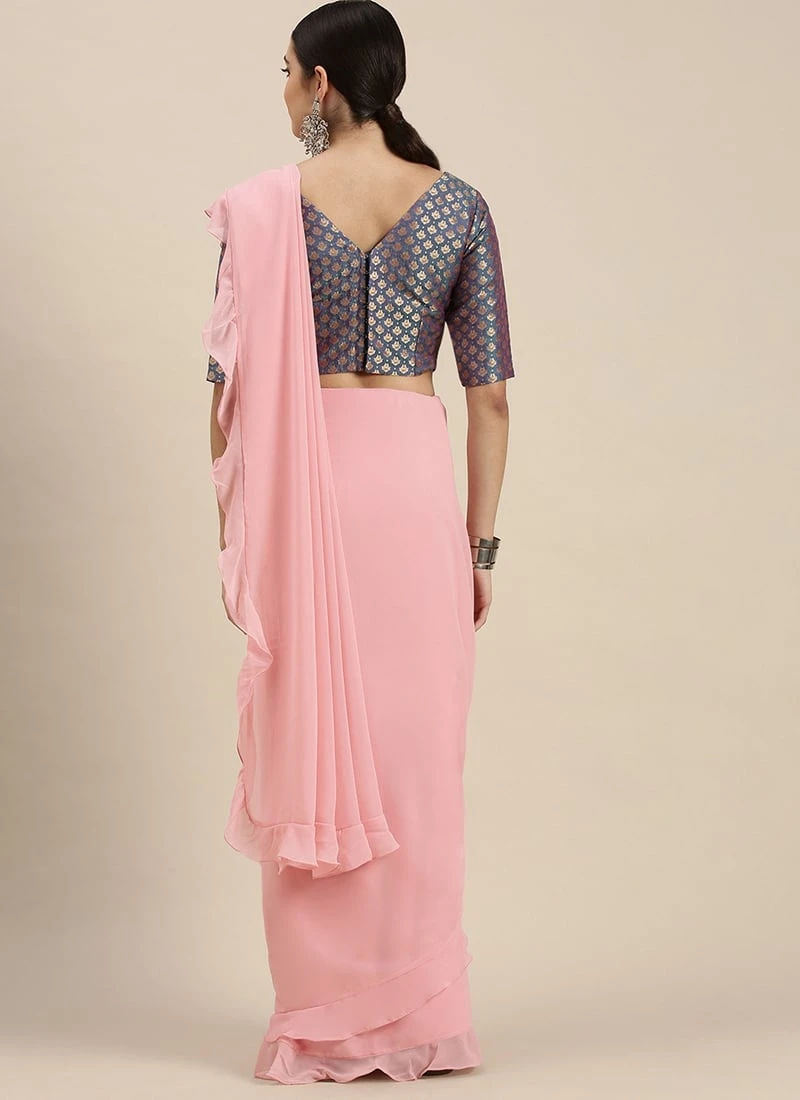 Teen Girls Blue Jacquard N Pink Ruffles Saree Festive Wear - Image 4