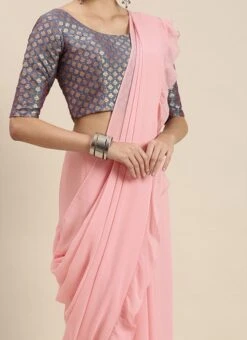 Teen Girls Blue Jacquard N Pink Ruffles Saree Festive Wear