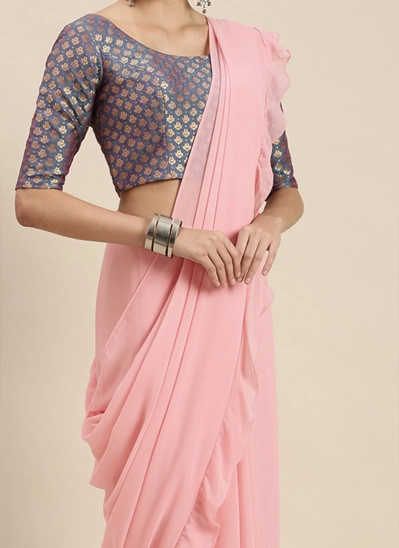 Teen Girls Blue Jacquard N Pink Ruffles Saree Festive Wear