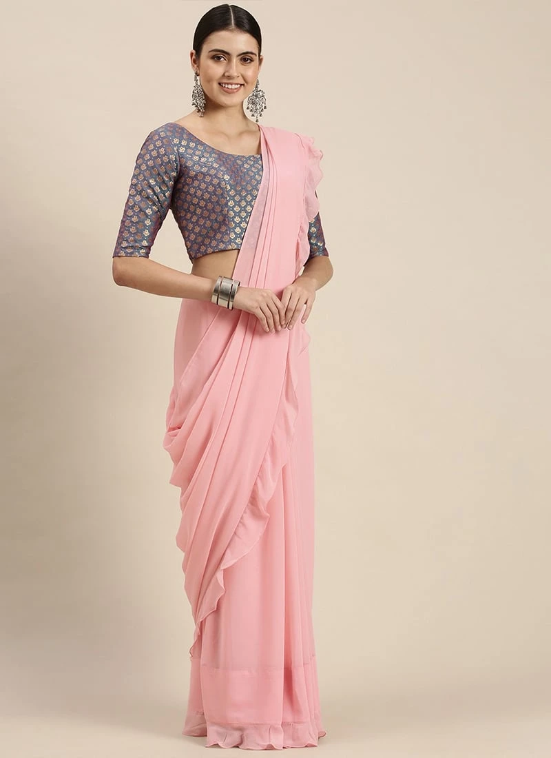 Teen Girls Blue Jacquard N Pink Ruffles Saree Festive Wear - Image 3