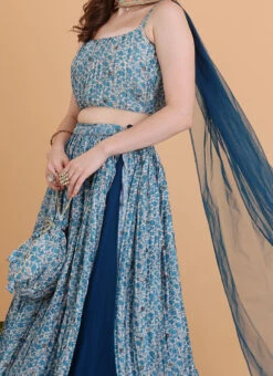 Teen Girls Blue N Cream Chinon Lehenga Set With Potli Bag Festive Wear
