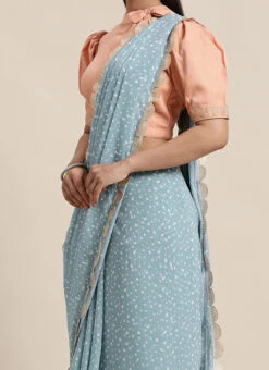 Teen Girls Blue N White Digital Printed Georgette N Blouse Festive Wear