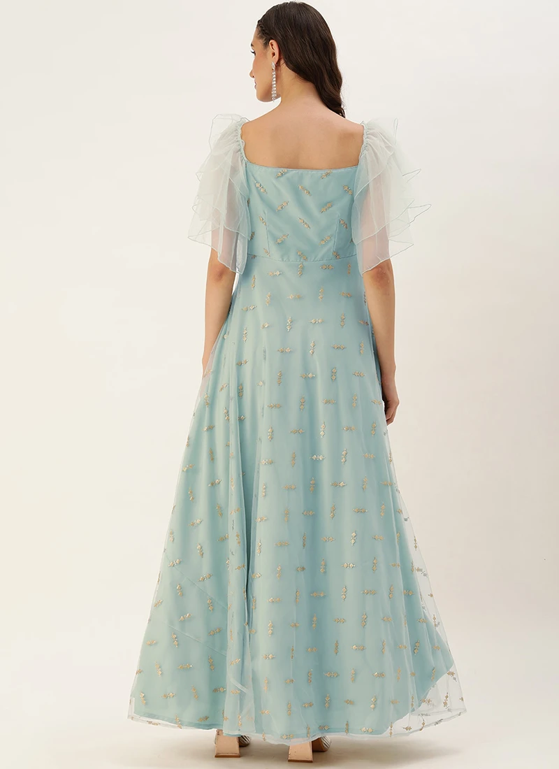 Teen Girls Blue Net Embroidered Gown Party Wear - Image 4