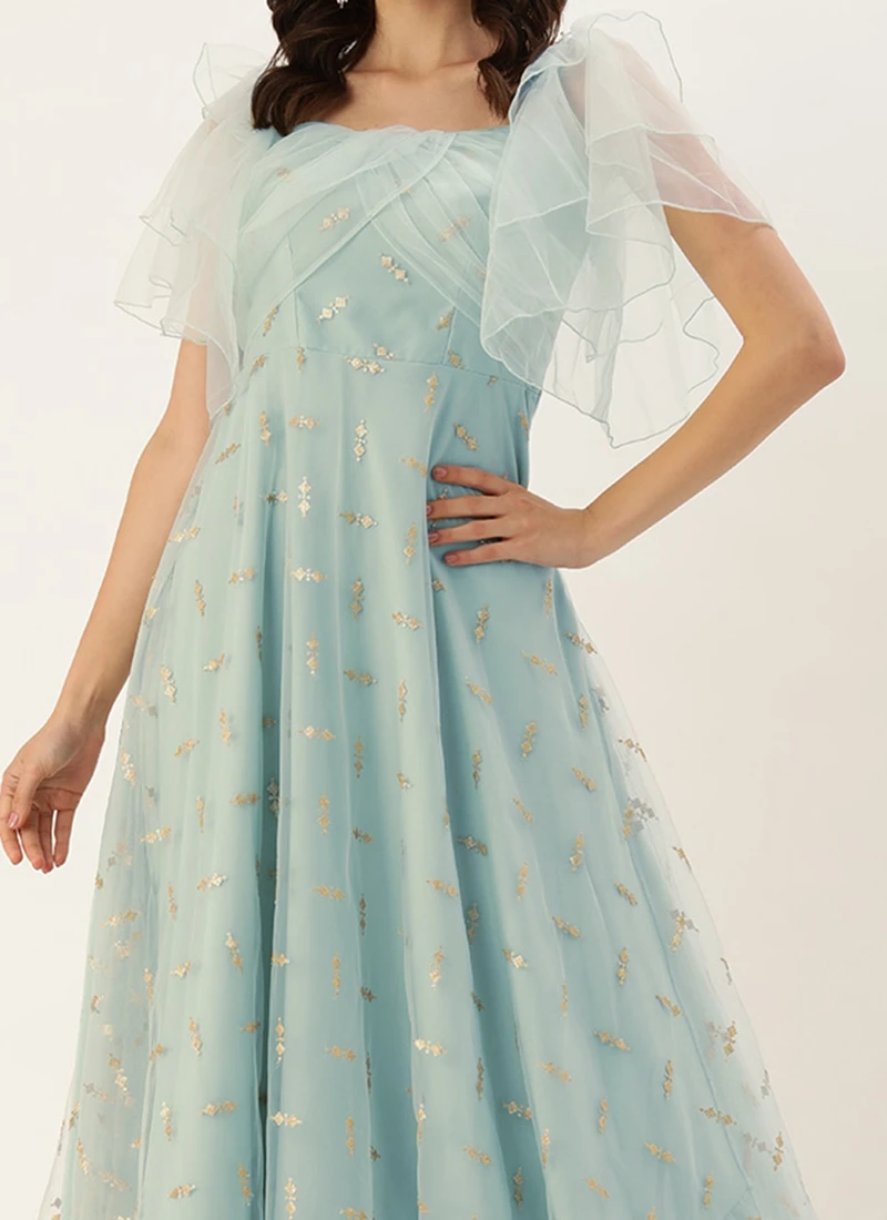 Teen Girls Blue Net Embroidered Gown Party Wear