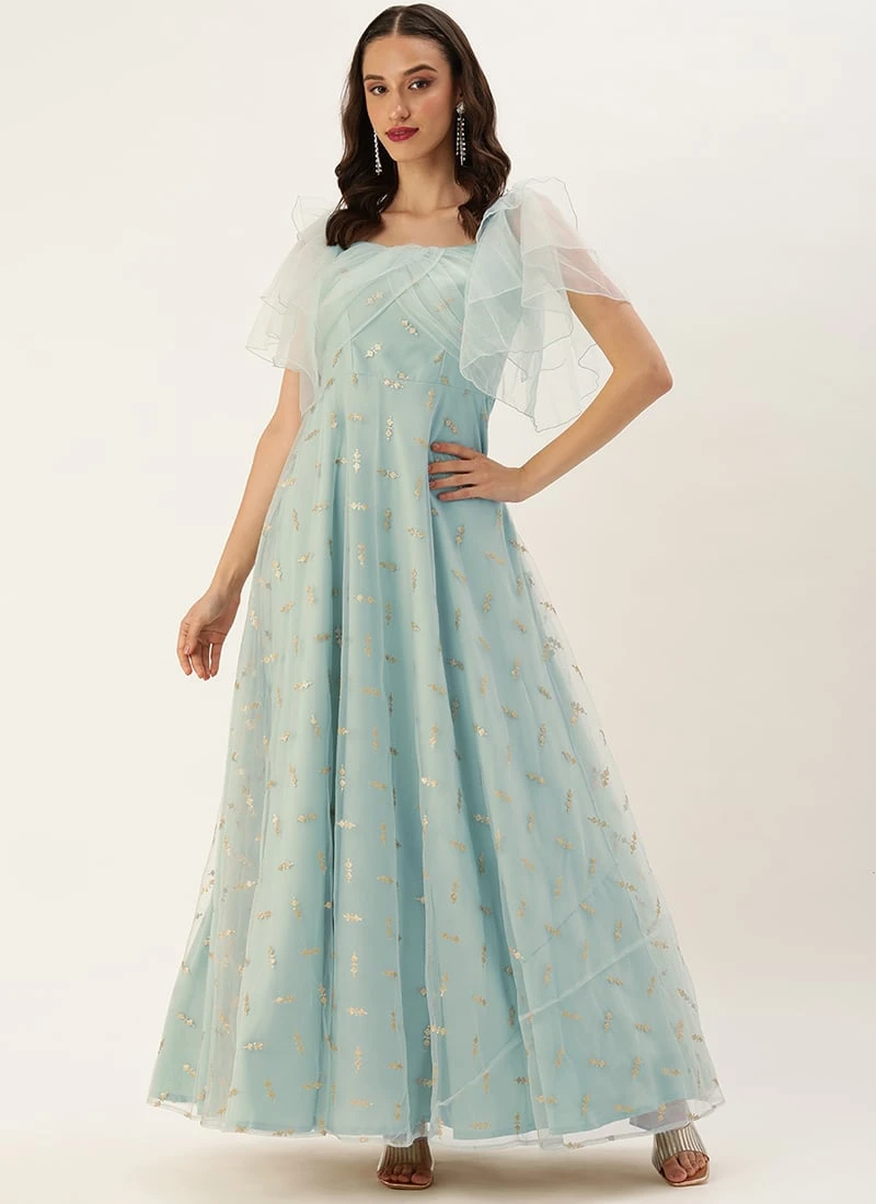 Teen Girls Blue Net Embroidered Gown Party Wear - Image 3
