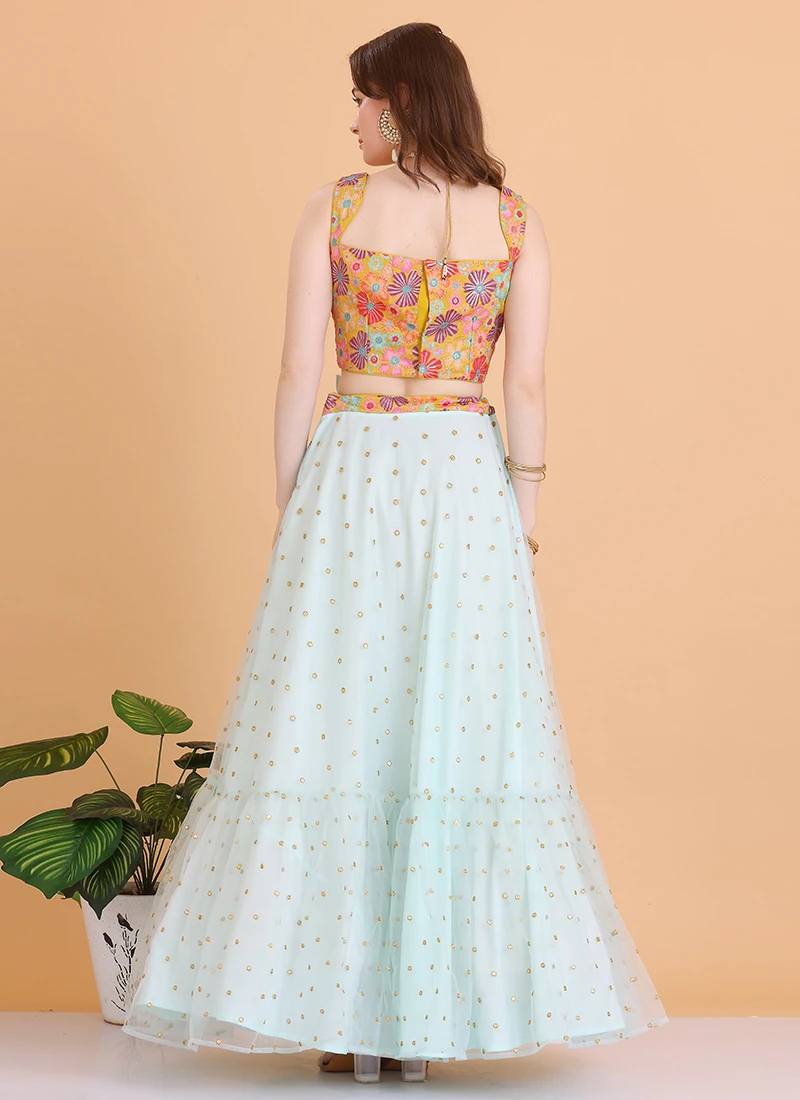 Teen Girls Blue Net N Multicolored Embroidered Lehenga Set Wedding Wear - Image 4