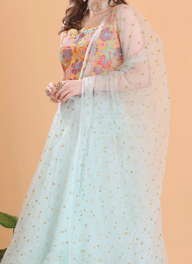 Teen Girls Blue Net N Multicolored Embroidered Lehenga Set Wedding Wear