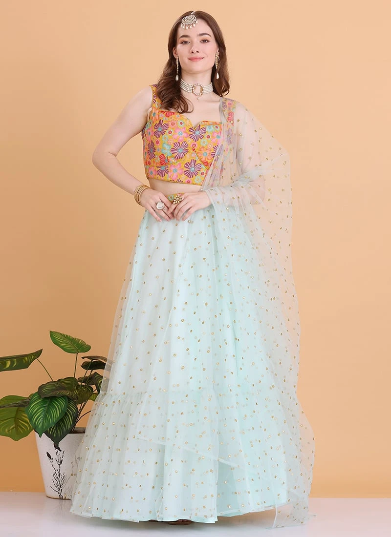 Teen Girls Blue Net N Multicolored Embroidered Lehenga Set Wedding Wear - Image 3