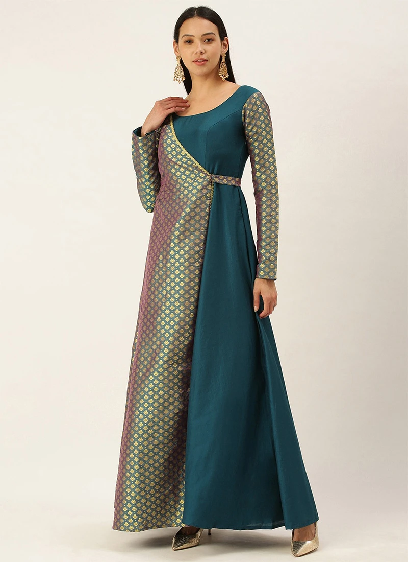 Teen Girls Blue Overlapping Jacquard Gown Festive Wear - Image 3
