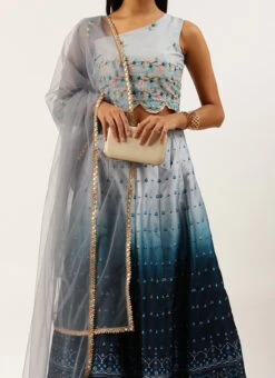 Teen Girls Blue Taffeta Digital Print Kali Lehenga Set Wedding Wear