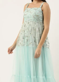 Teen Girls Blue Tiered Gathers Embroidered Gown Party Wear