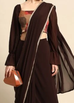 Teen Girls Brown Georgette Saree Festive Wear