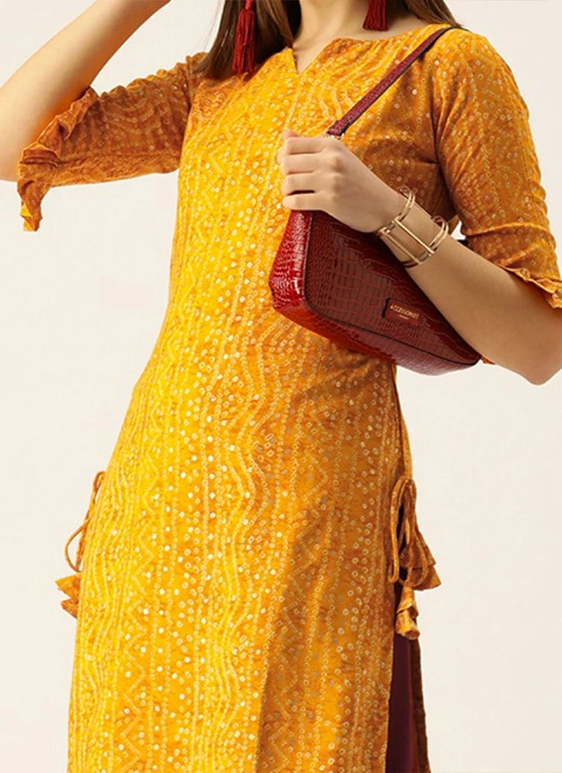 Teen Girls Burgundy Georgette N Yellow Printed Viscose Gown After Six Wear