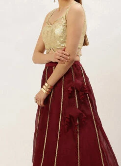 Teen Girls Cream Georgette Embroidered Maroon Kali Lehenga Festive Wear