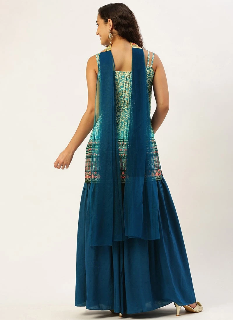 Teen Girls Cream And Blue Chinon Printed Gharara Set Festive Wear - Image 4