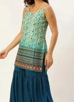 Teen Girls Cream And Blue Chinon Printed Gharara Set Festive Wear