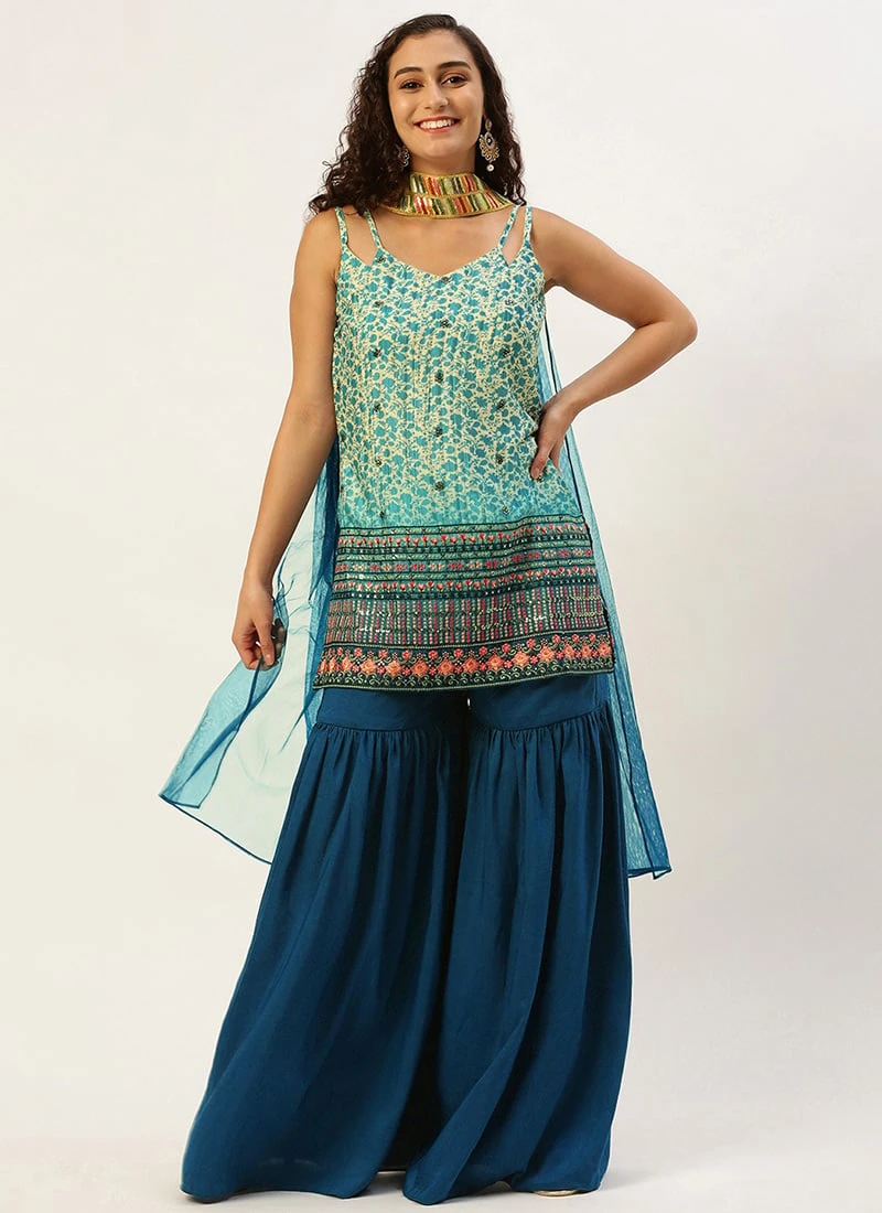 Teen Girls Cream And Blue Chinon Printed Gharara Set Festive Wear - Image 3