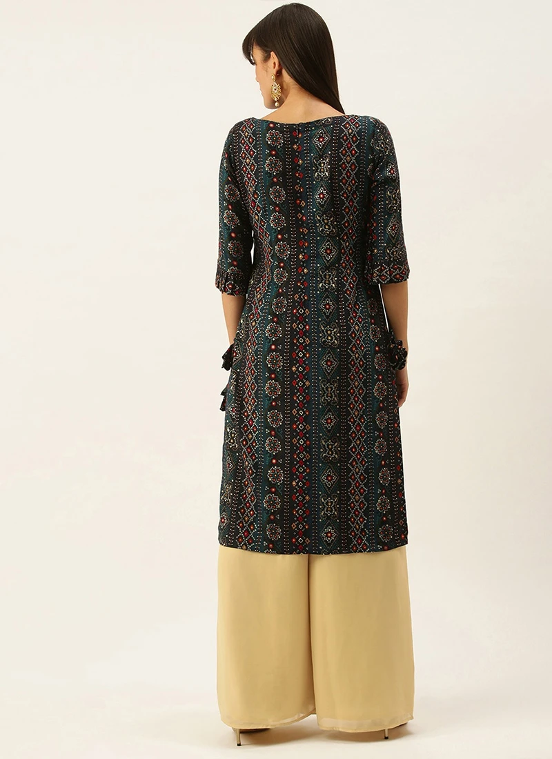 Teen Girls Dark Blue Printed Viscose N Beige Kurta Set Festive Wear - Image 4