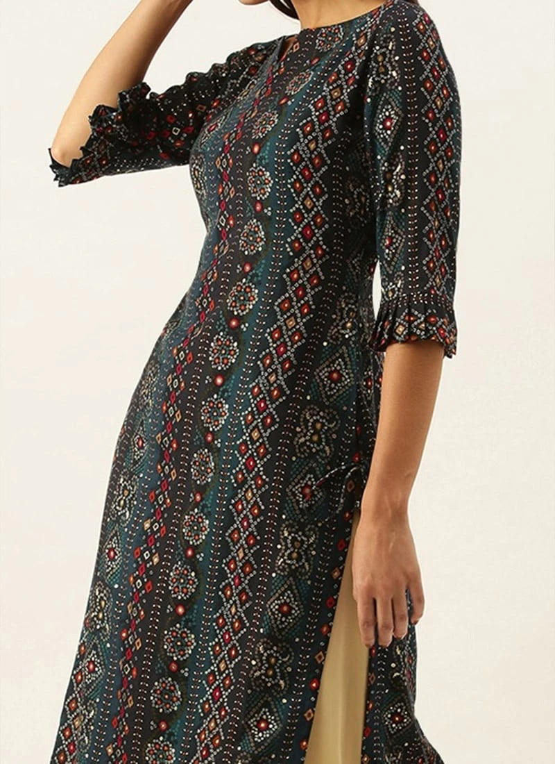 Teen Girls Dark Blue Printed Viscose N Beige Kurta Set Festive Wear