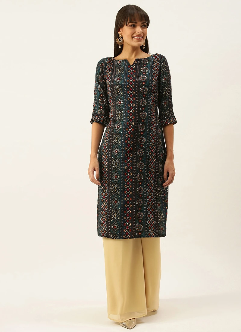 Teen Girls Dark Blue Printed Viscose N Beige Kurta Set Festive Wear - Image 3