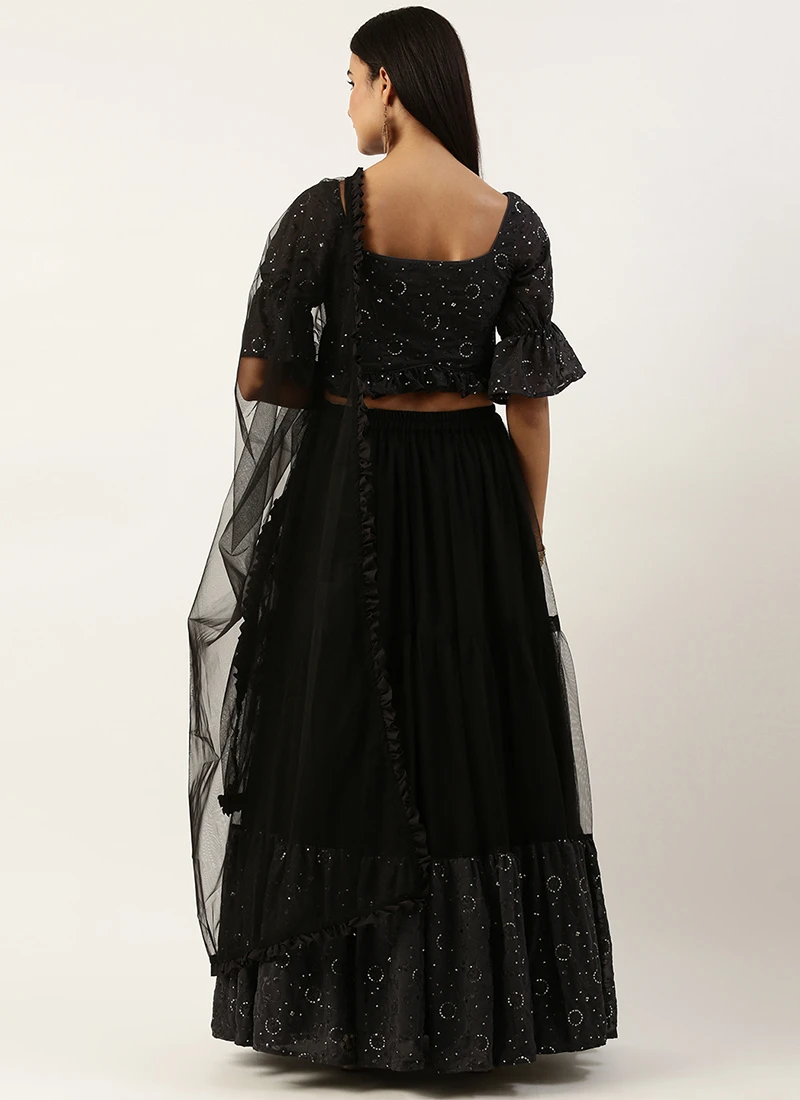 Teen Girls Dark Grey Georgette Sequins Embroidered N Black Net Lehenga Festive Wear - Image 4