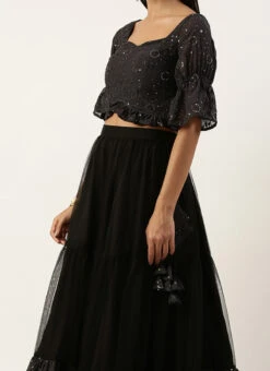 Teen Girls Dark Grey Georgette Sequins Embroidered N Black Net Lehenga Festive Wear