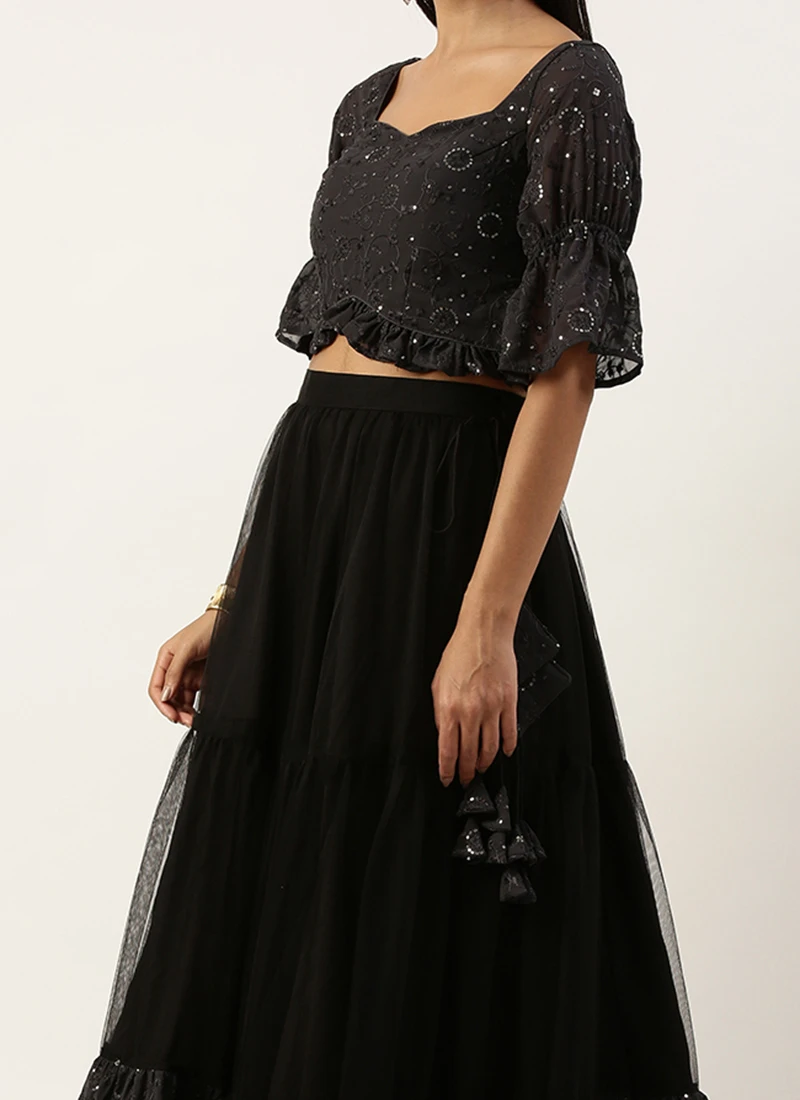 Teen Girls Dark Grey Georgette Sequins Embroidered N Black Net Lehenga Festive Wear