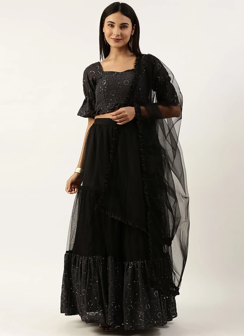 Teen Girls Dark Grey Georgette Sequins Embroidered N Black Net Lehenga Festive Wear - Image 3