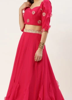 Teen Girls Dark Pink Embroidered Ruffles Style Skirt Set Wedding Wear