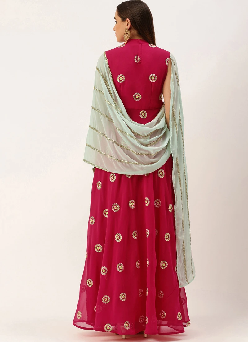 Teen Girls Dark Pink Georgette Embroidered Drape Gown Party Wear - Image 4