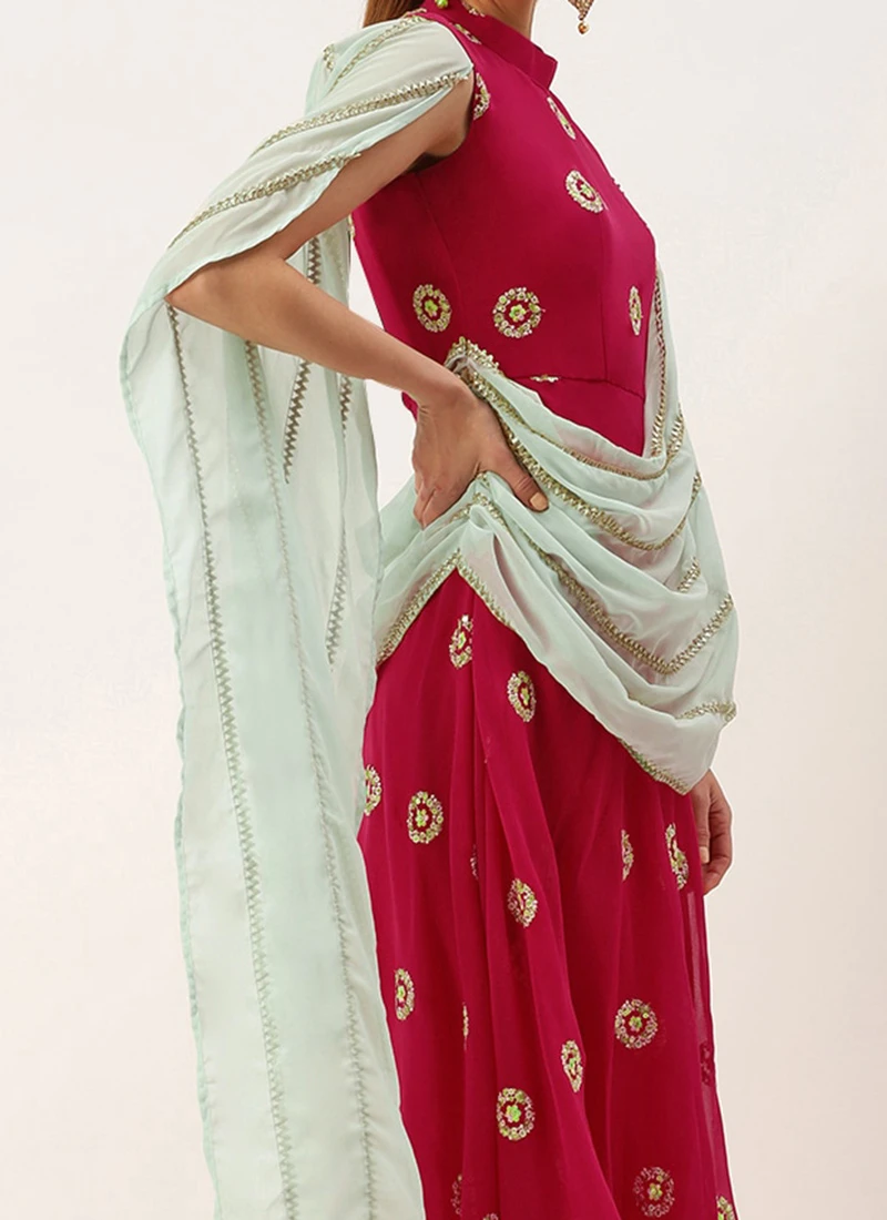 Teen Girls Dark Pink Georgette Embroidered Drape Gown Party Wear