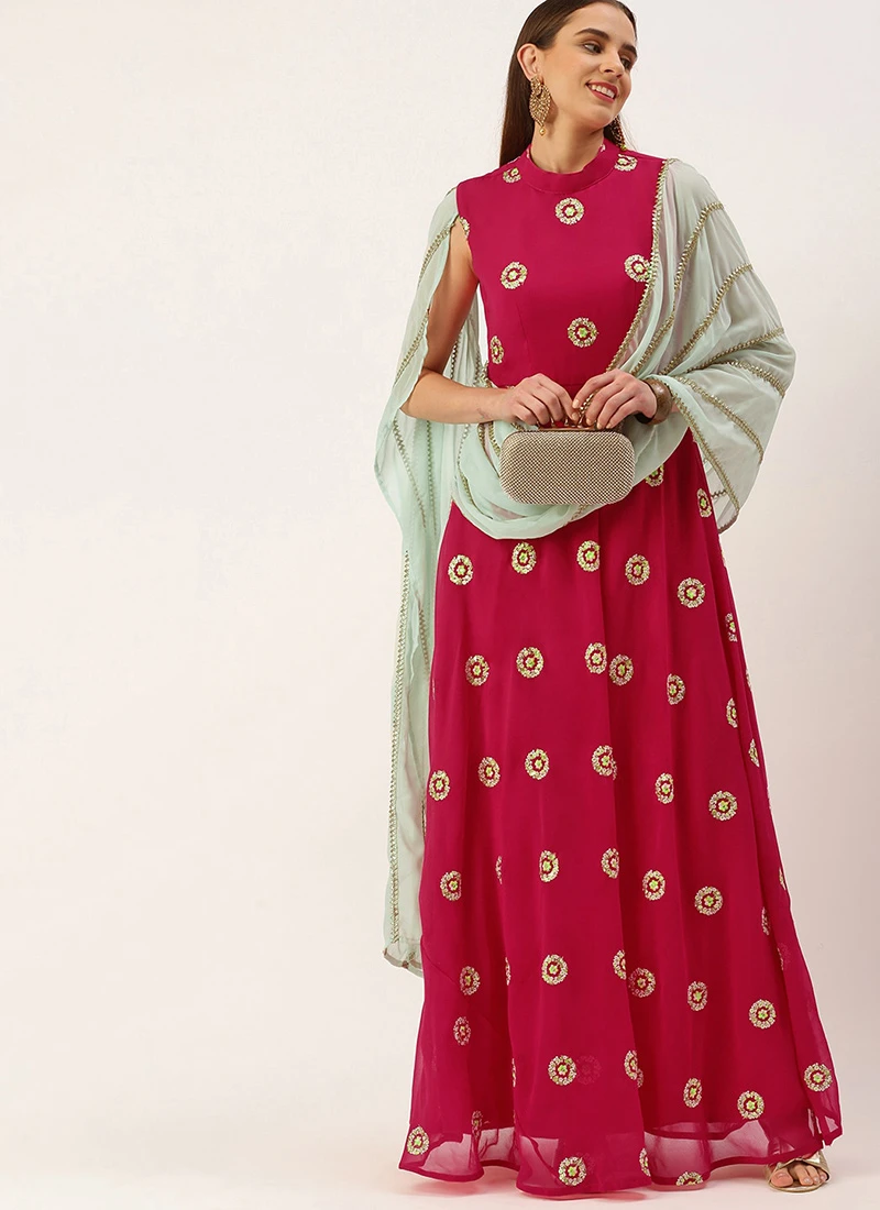 Teen Girls Dark Pink Georgette Embroidered Drape Gown Party Wear - Image 3