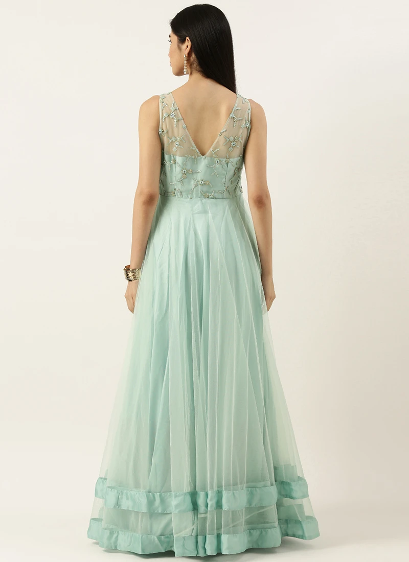 Teen Girls Dusty Blue Net Embroidered N Sequins Gown Party Wear - Image 4
