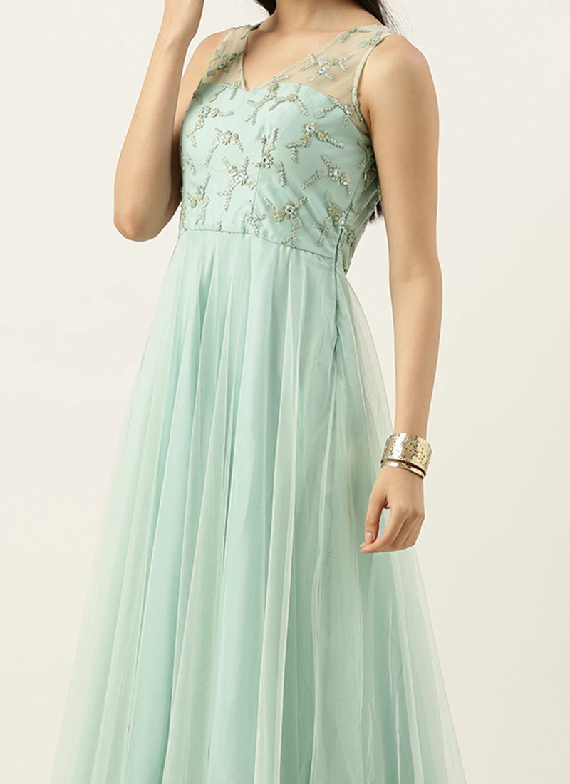 Teen Girls Dusty Blue Net Embroidered N Sequins Gown Party Wear