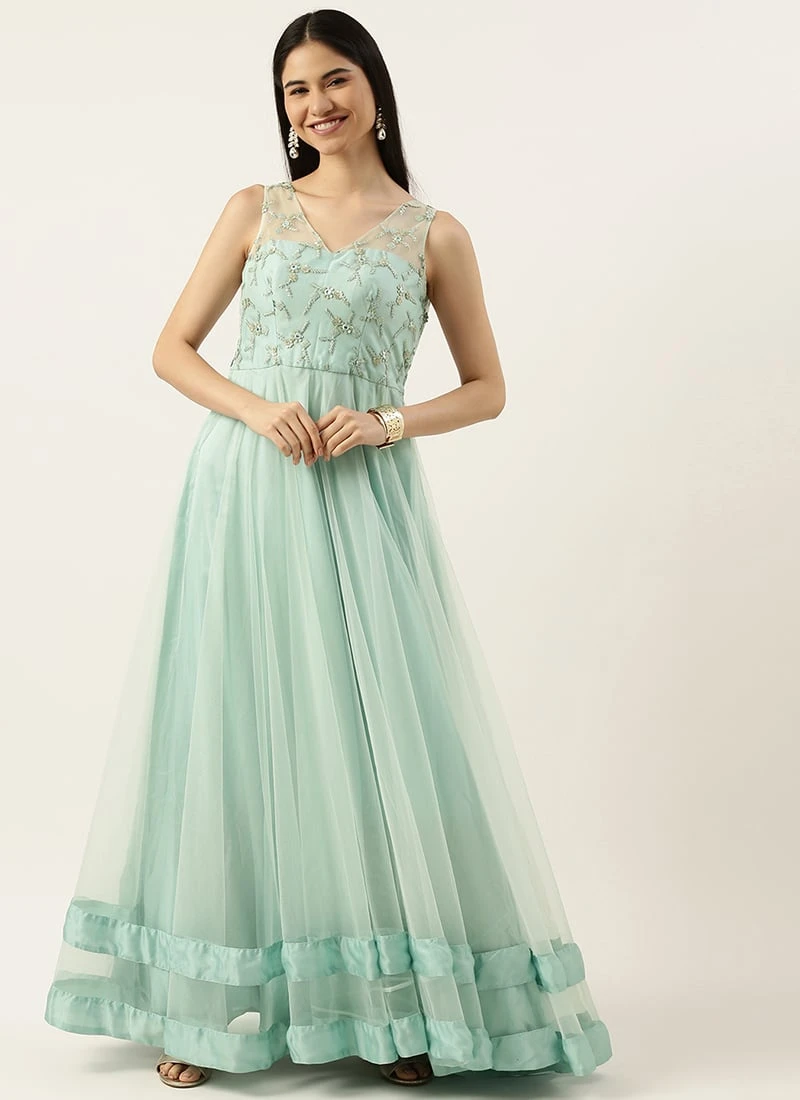 Teen Girls Dusty Blue Net Embroidered N Sequins Gown Party Wear - Image 3