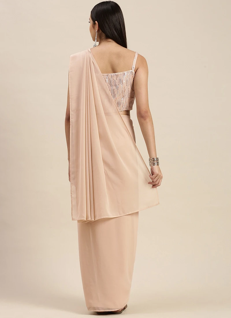 Teen Girls Dusty Pale Peach N Beige Georgette Saree Festive Wear - Image 4