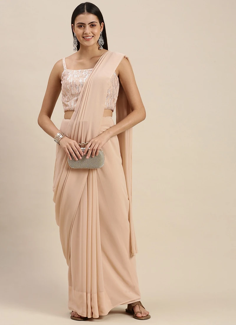 Teen Girls Dusty Pale Peach N Beige Georgette Saree Festive Wear - Image 3