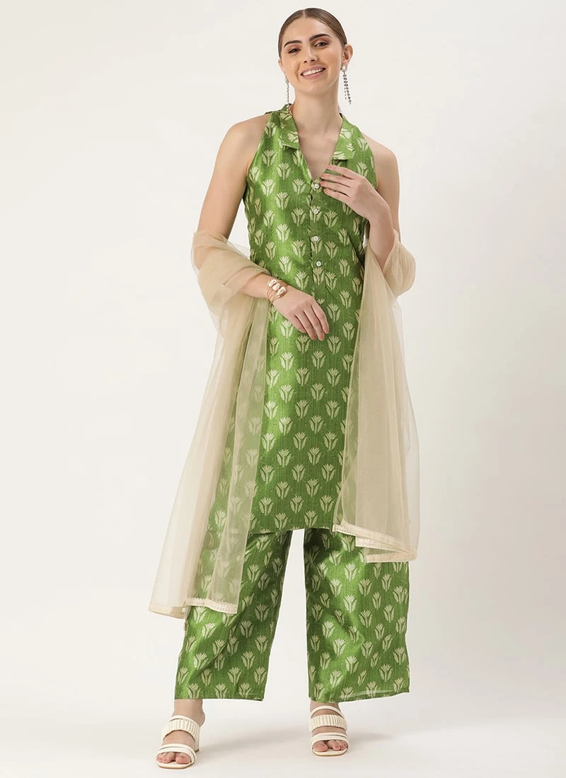 Teen Girls Green Art Silk Digital Printed Top N Pant Suit Festive Wear - Image 3