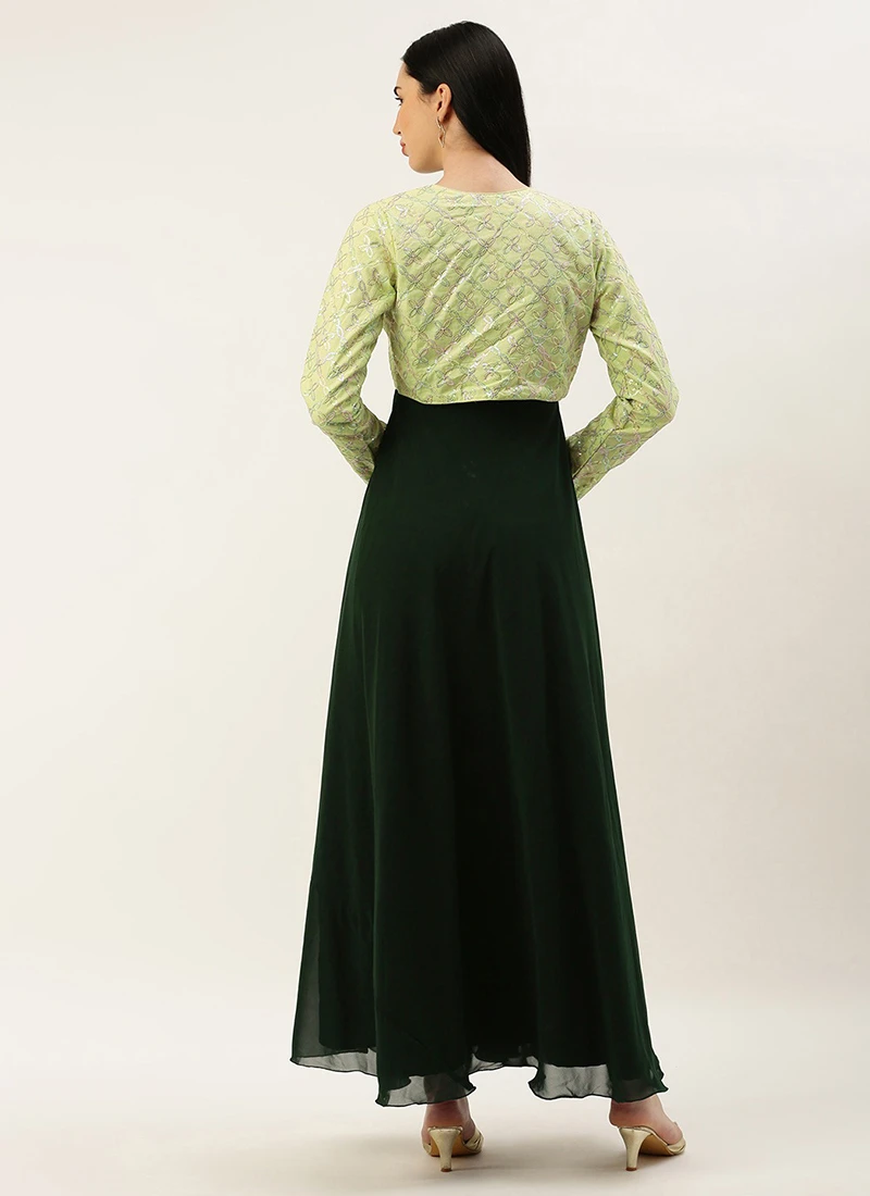Teen Girls Green Cotton Embroidered Jacket Style Gown Festive Wear - Image 4
