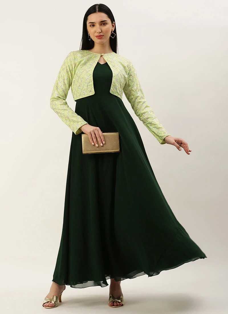 Teen Girls Green Cotton Embroidered Jacket Style Gown Festive Wear - Image 3