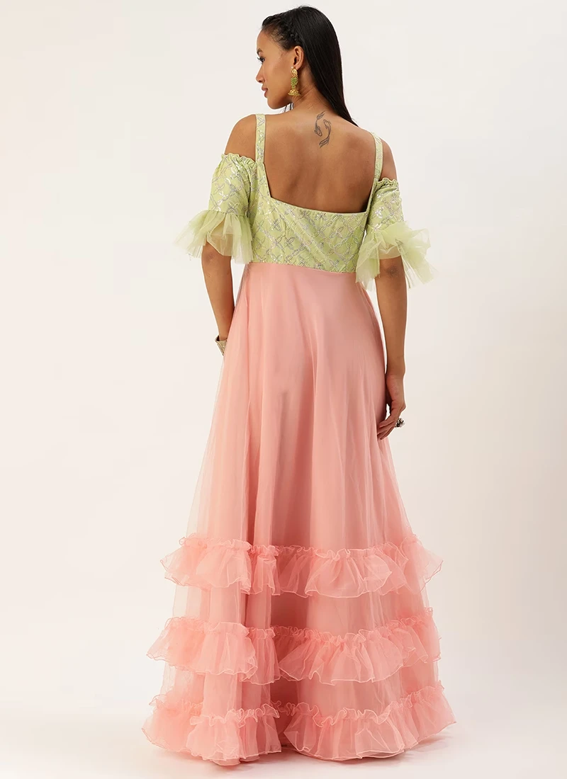 Teen Girls Green Cotton N Peach Net Gown Festive Wear - Image 4
