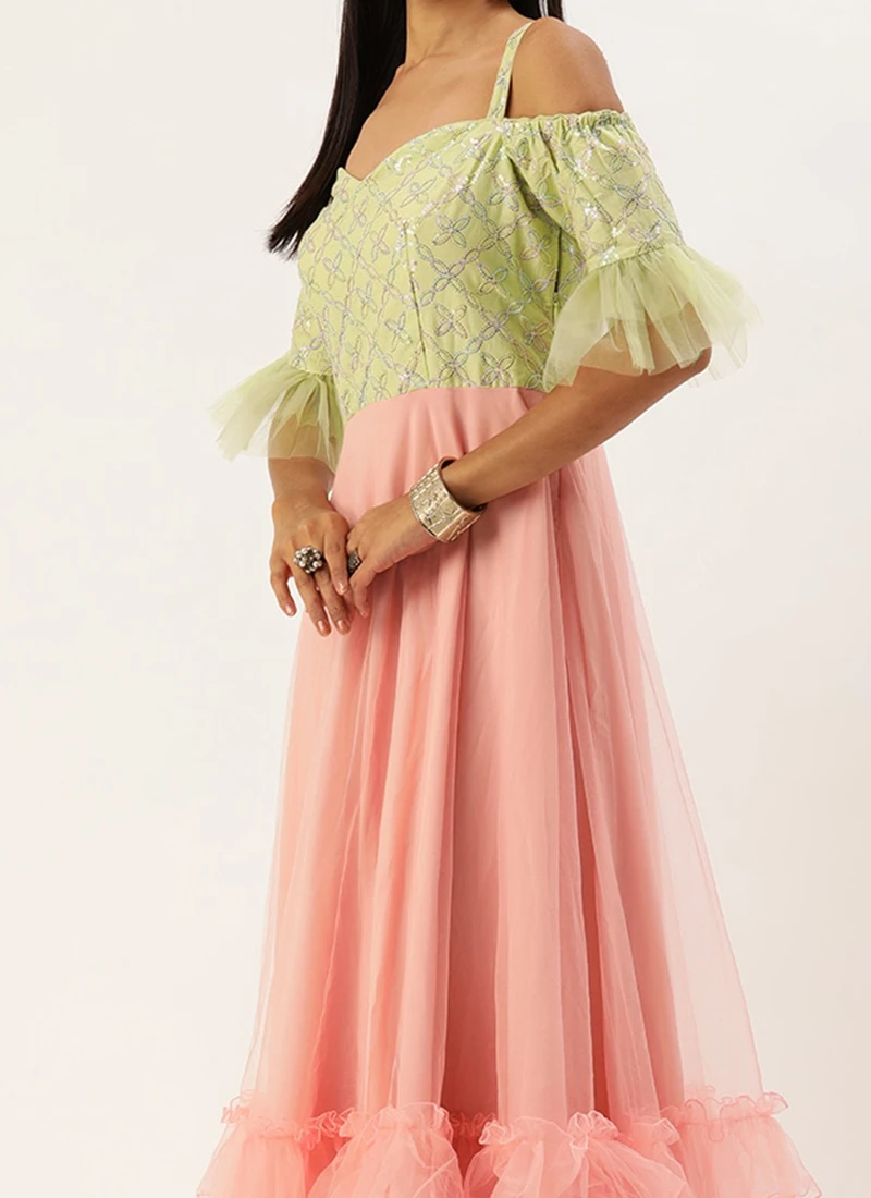 Teen Girls Green Cotton N Peach Net Gown Festive Wear