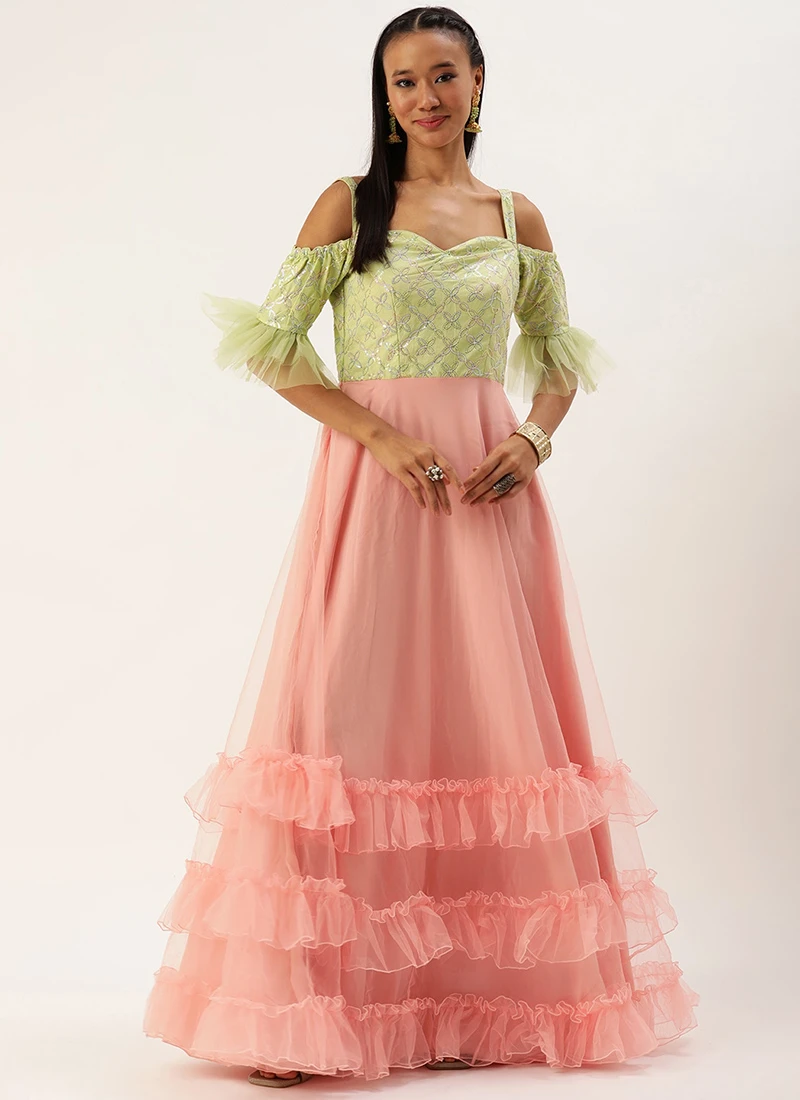 Teen Girls Green Cotton N Peach Net Gown Festive Wear - Image 3