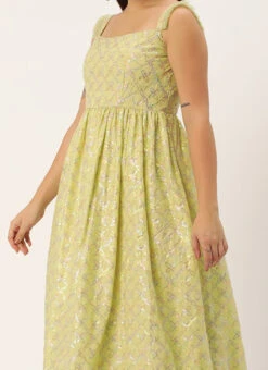Teen Girls Green Cotton Sequins Embroidered Gown Festive Wear