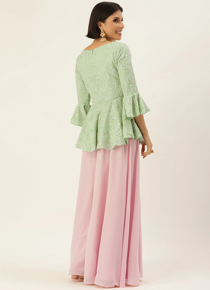 Teen Girls Green Embroidered Angrakha Blouse N Palazzo Festive Wear - Image 4