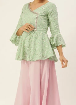 Teen Girls Green Embroidered Angrakha Blouse N Palazzo Festive Wear