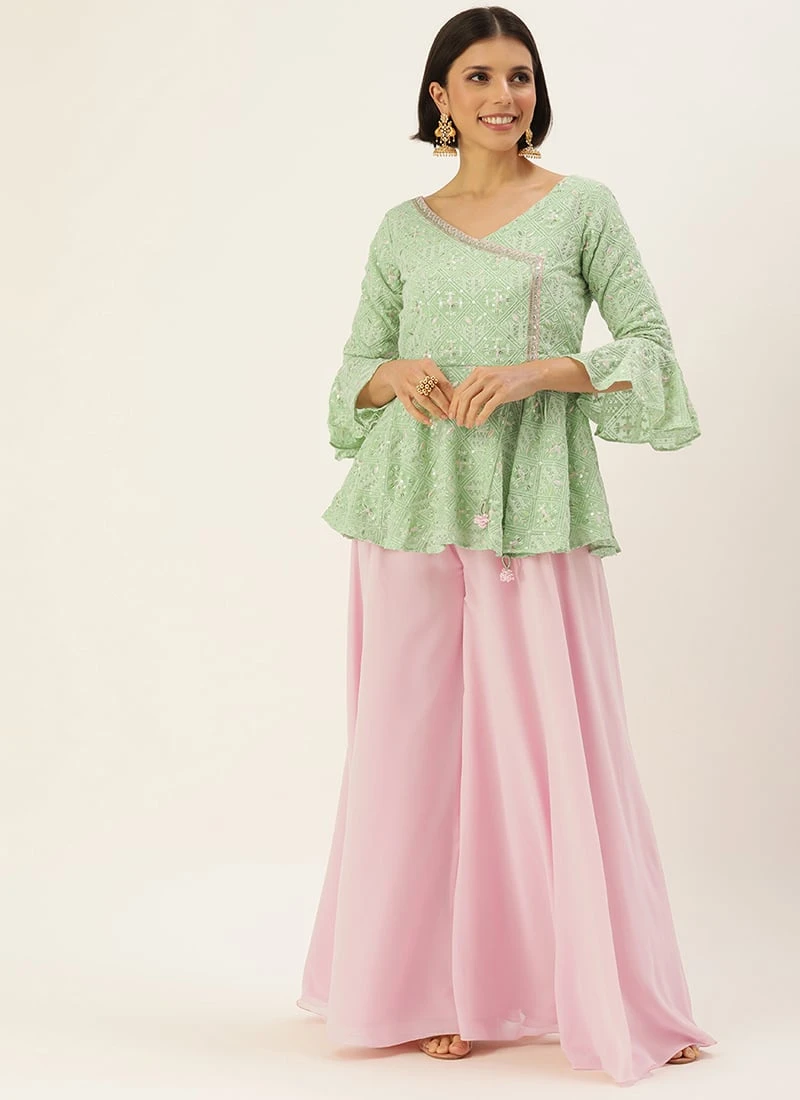 Teen Girls Green Embroidered Angrakha Blouse N Palazzo Festive Wear - Image 3