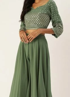Teen Girls Green Embroidered Georgette Crop Top N Sharara Party Wear