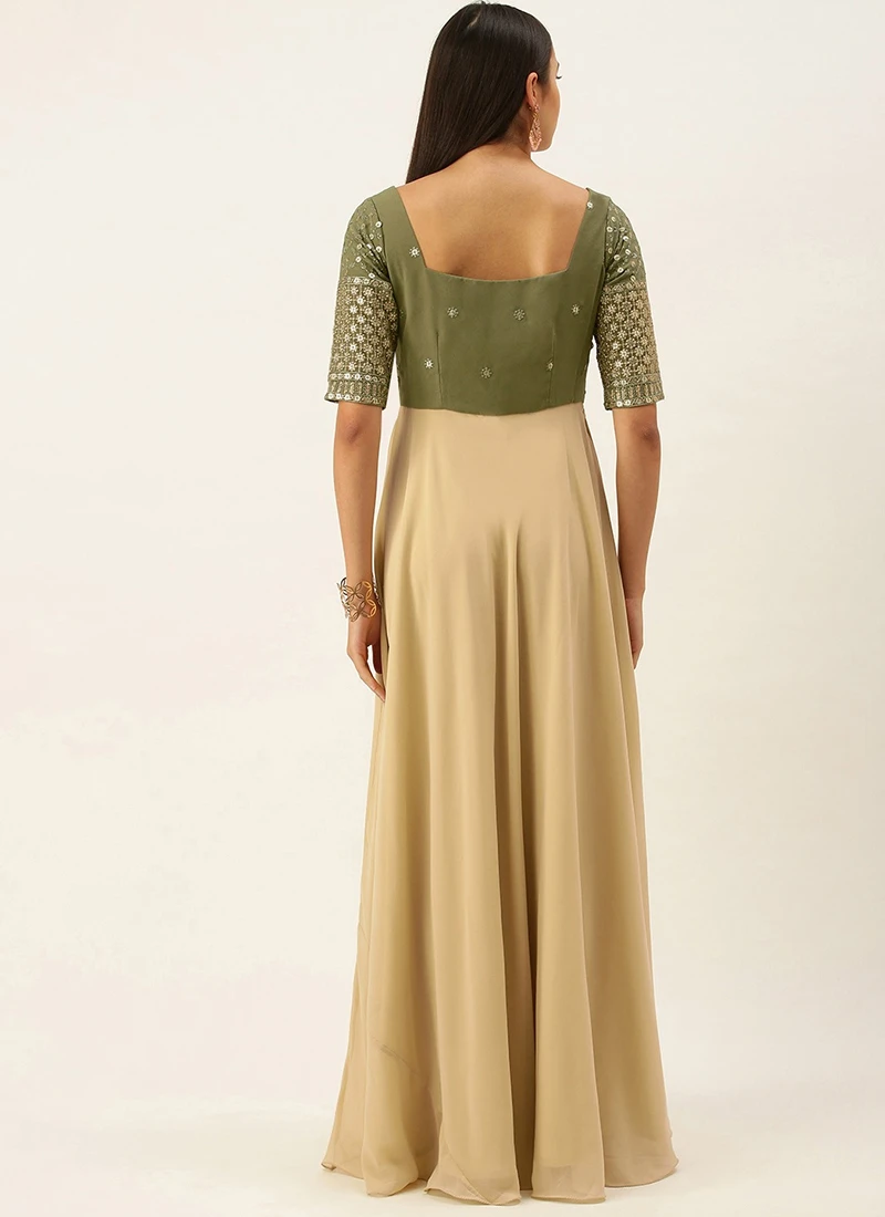 Teen Girls Green Embroidered N Beige Floor Length Gown Festive Wear - Image 4