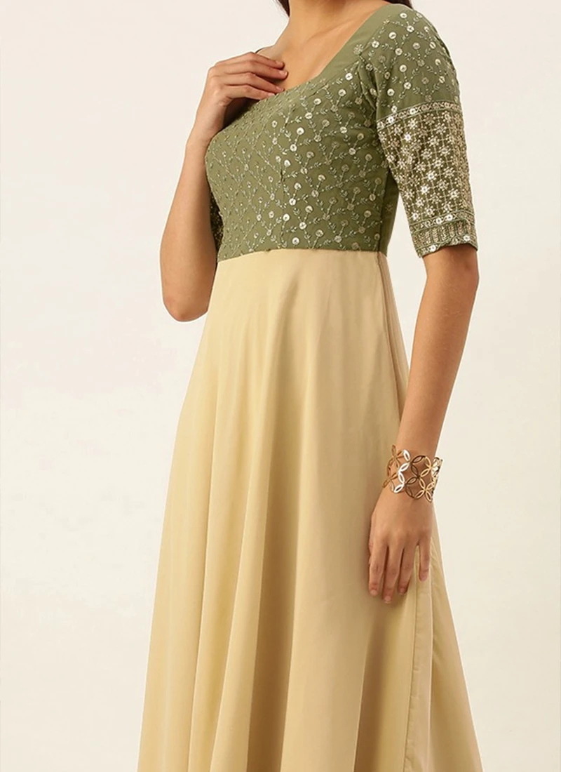 Teen Girls Green Embroidered N Beige Floor Length Gown Festive Wear